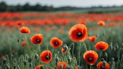 Obraz premium Vibrant Poppy Field with Bright Red Flowers in Close Up and Ample Copy Space for Text or Messages