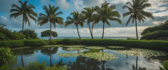 Obraz premium Tranquil pond with palm trees and vibrant greenery by the sea under a picturesque sky with clouds in a tropical setting.