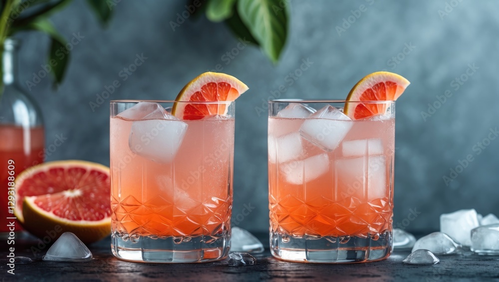 Poster refreshing grapefruit cocktails served over ice with garnish and empty space for custom text