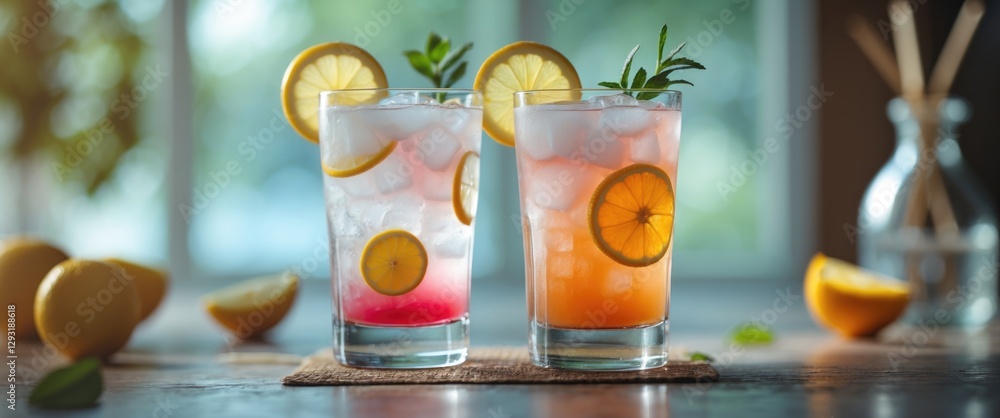 Poster refreshing citrus drinks in glasses with ice and lemon slices on table with copy space for text idea