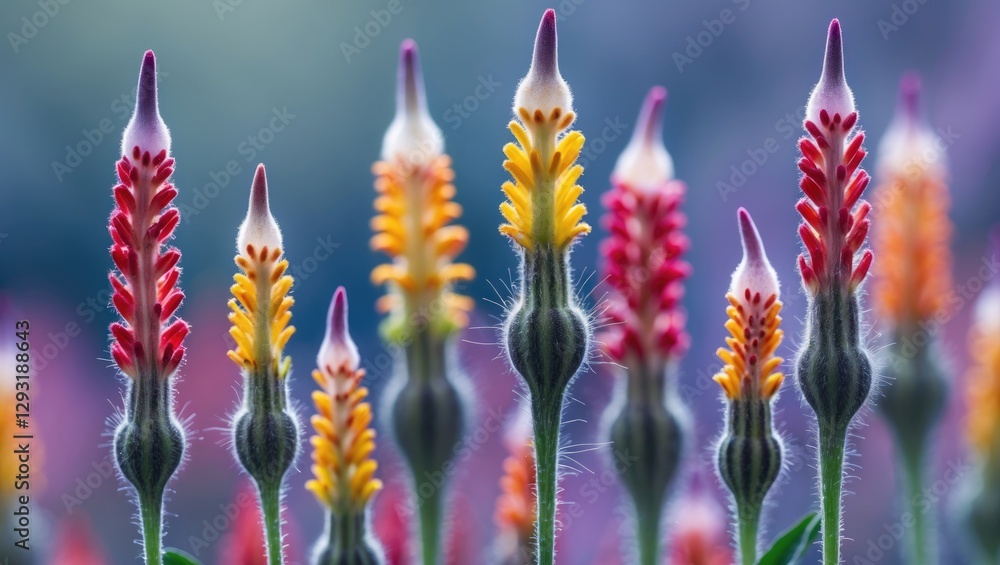Poster vibrant tubular flowers creating a colorful display with empty space for text and design elements