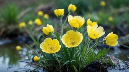 Vibrant yellow buttercup flowers blooming in wetland areas showcasing spring's beauty and the allure of nature's wild flora.