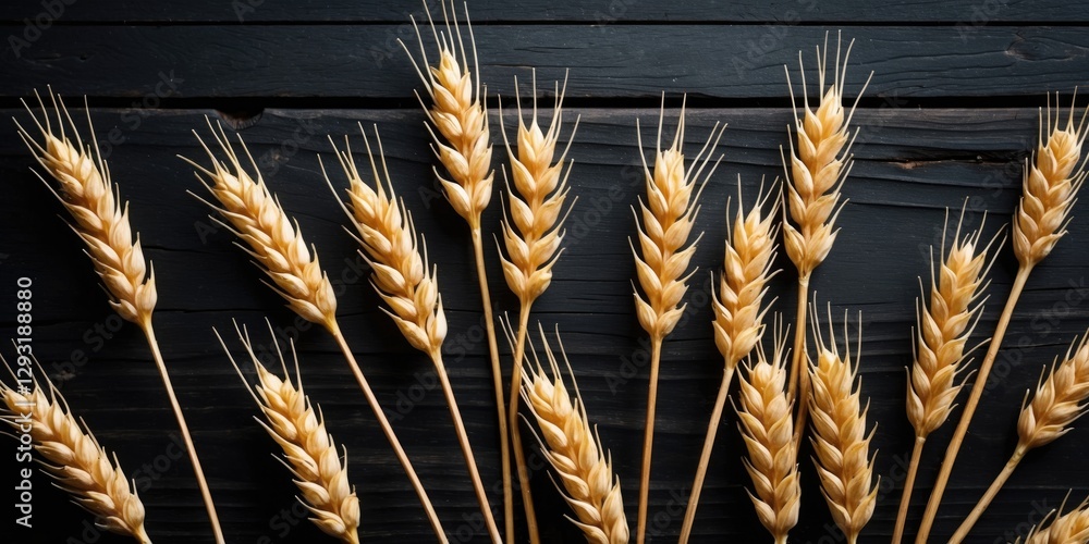 Poster golden wheat spikelets arranged on dark wooden background with copy space for text in agricultural a