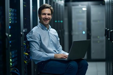 Confident Engineer Smiling While Using Laptop in Data Center Server Room