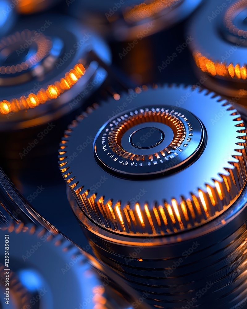 Poster close-up of metallic gears with glowing edges showcasing intricate engineering.