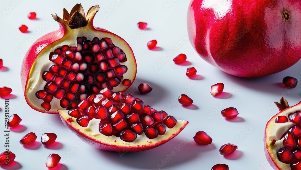 Poster fresh pomegranate fruit and seeds on a light background with ample space for text showcasing health 