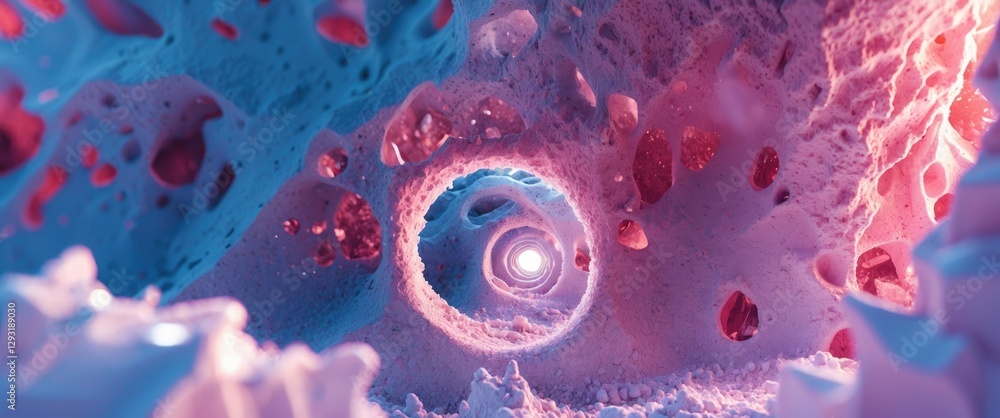 Poster colorful abstract ice tunnel with porous textures illuminated by soft light creating a surreal atmos
