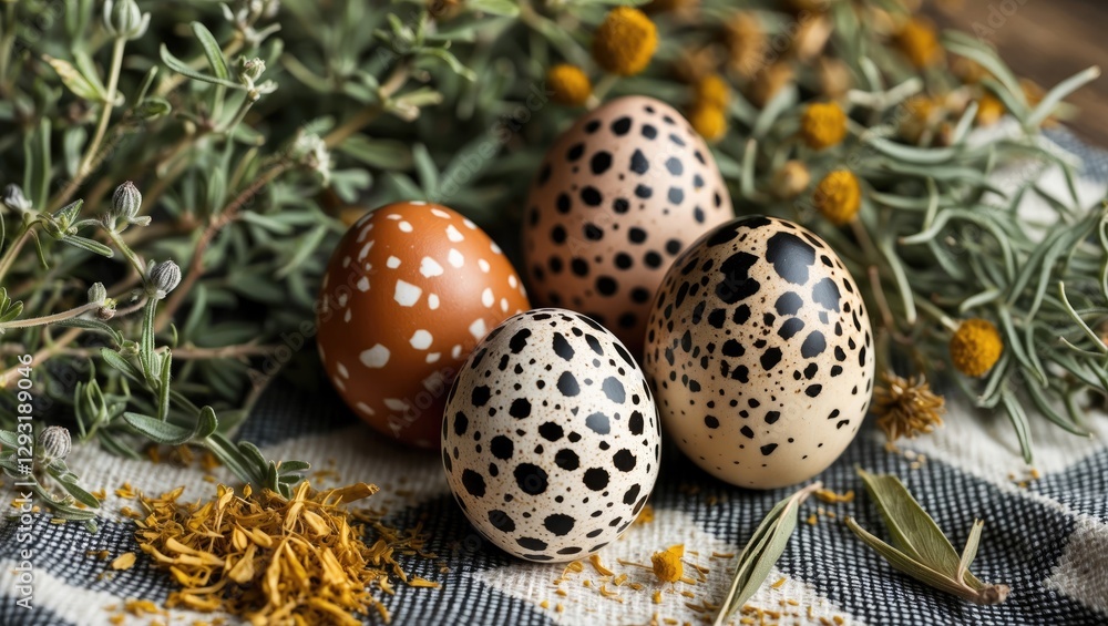 Aufkleber quail eggs with unique spotted patterns arranged on a checkered fabric background surrounded by drie