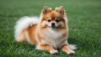 Pomeranian Dog Relaxing on Lush Green Grass in a Natural Outdoor Setting