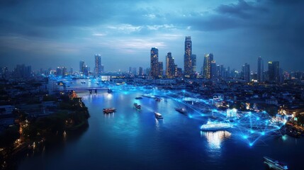 Obraz premium Night city river traffic, data streams, connectivity