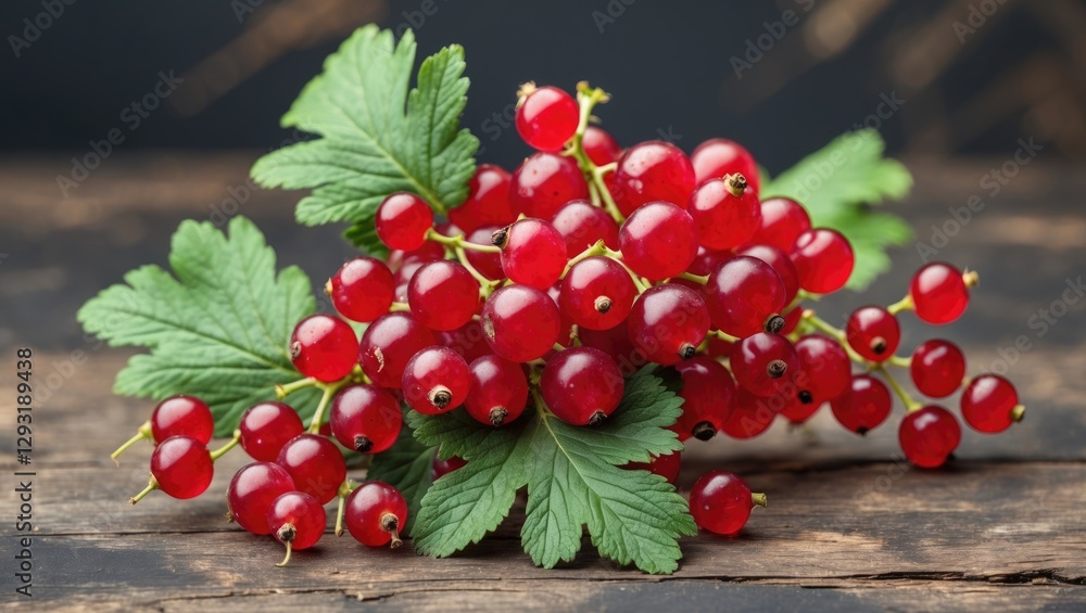 Poster fresh red currants with green leaves on rustic wooden surface creating copy space for text or design