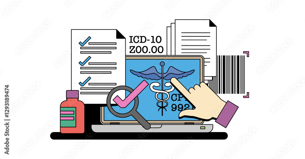 Poster medical coding training with hands using tech tools, key objects, laptop, magnifying glass, document
