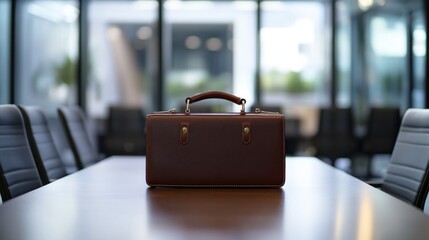 Executive departures with a briefcase placed on the office table. Featuring leadership change and career transition