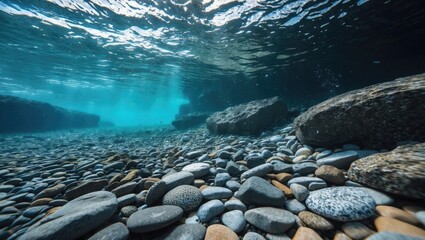 Fototapeta premium Underwater view of smooth pebbles and stones on the sea floor illuminated by sunlight creating a serene natural environment.