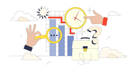 Unemployment rate visualized with hands pointing at a clock, magnifying glass, and graph, transparent background. Neubrutalism hands concept