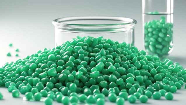 Green polypropylene or polyamide granules in a lab setting with glassware and copy space showcasing the plastics and polymers industry.