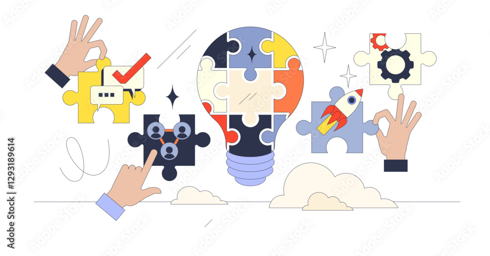 Poster collaborative brainstorming depicted with hands assembling puzzle pieces into a lightbulb, transpare