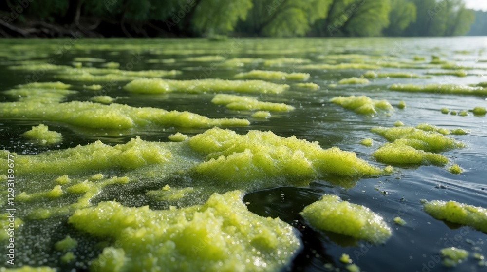 Poster pollen and algae on the river surface with lush greenery in the background capturing the essence of 