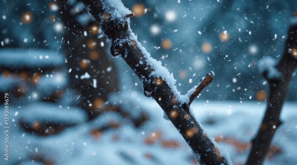 Poster branch adorned with snowflakes in a serene winter landscape, creating a tranquil and enchanting atmo