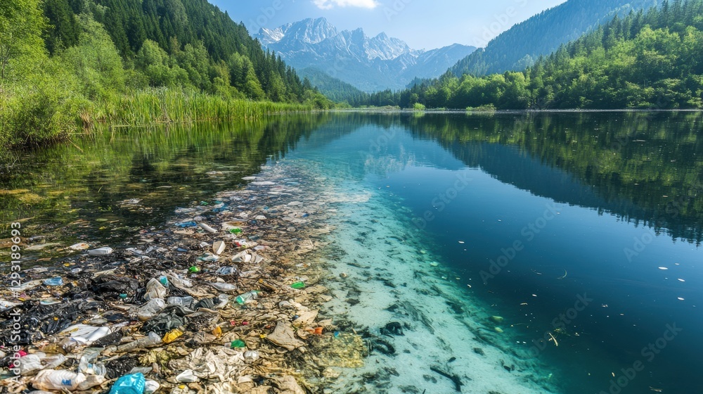 Poster contrast of a polluted river filled with trash and a clear stream in a lush valley emphasizes enviro