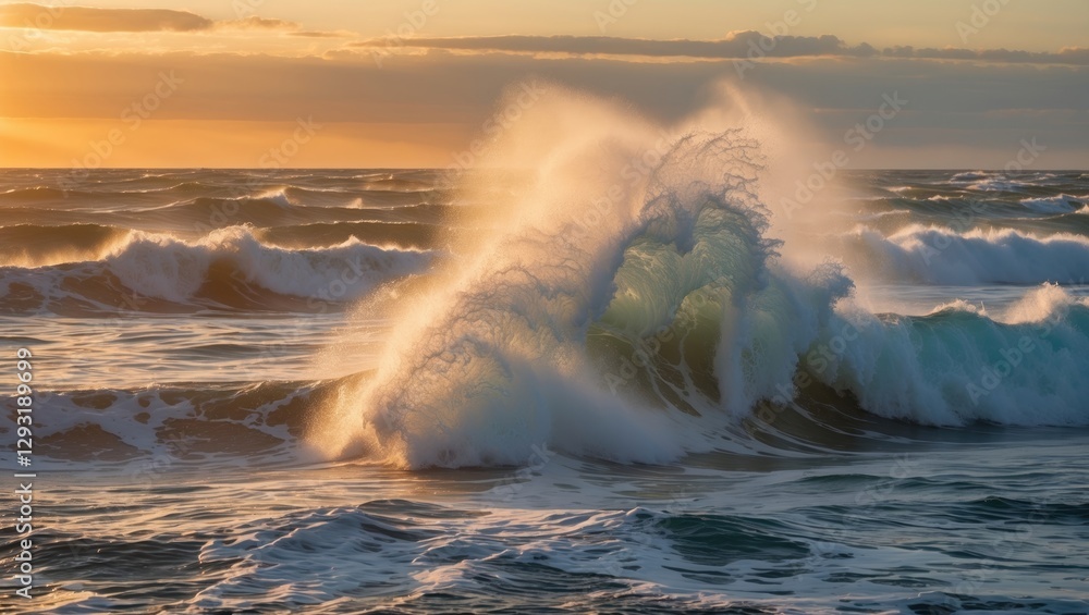 Poster dynamic waves breaking in golden sunset light with spray effect and space for text overlay in serene