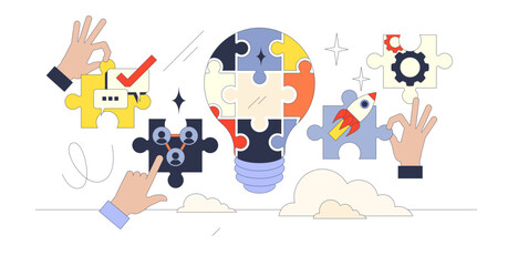 Collaborative brainstorming depicted with hands assembling puzzle pieces into a lightbulb, transparent background. Key objects, lightbulb, puzzle pieces, hands. Neubrutalism hands concept