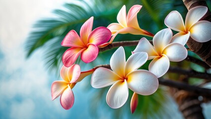 Fototapeta premium Tropical Plumeria Flowers in Vibrant Colors with Lush Background and Blank Space for Text Ideal for Nature or Travel Themes