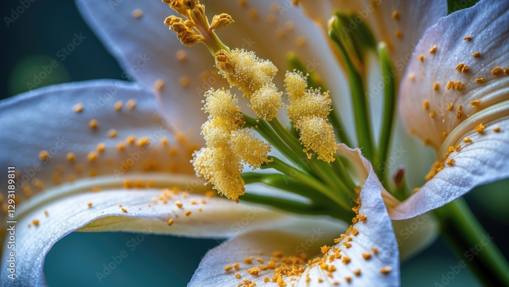 Poster lily flower pollen close-up displayed under a microscope showcasing intricate details and textures o