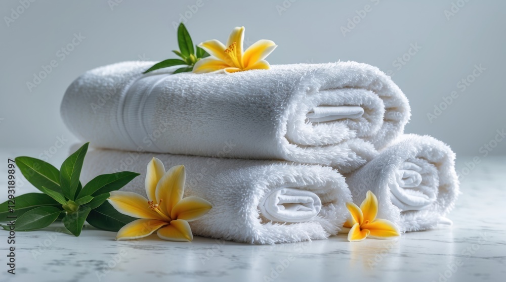 Poster spa towels neatly arranged with tropical flowers and greenery on a white marble surface creating a s