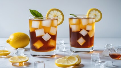 Refreshing iced tea with lemon and ice cubes displayed on a solid white background, perfect for summer drink promotions or beverage ads.