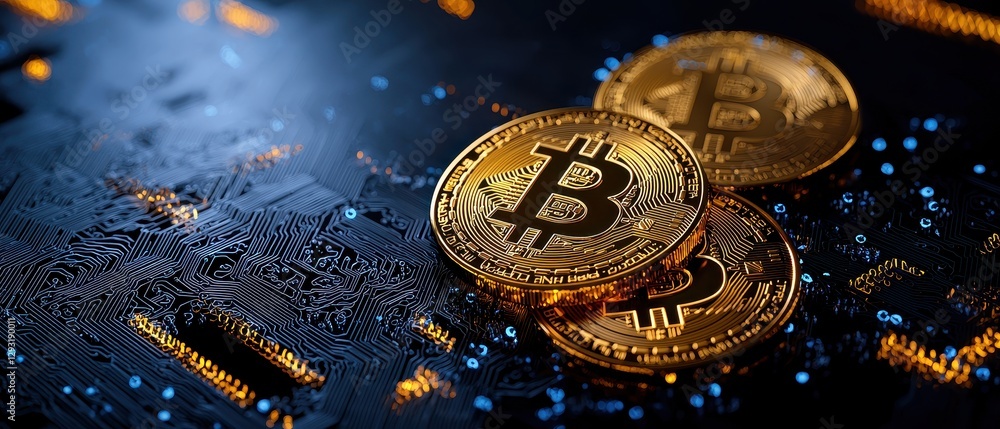 Poster close-up of shiny bitcoin coins on a circuit board background.