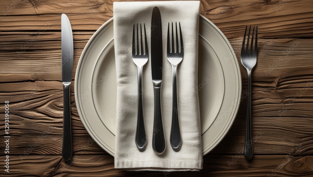 Poster elegant table setting with a plate, knife, and fork arranged on a neatly folded napkin over a rustic