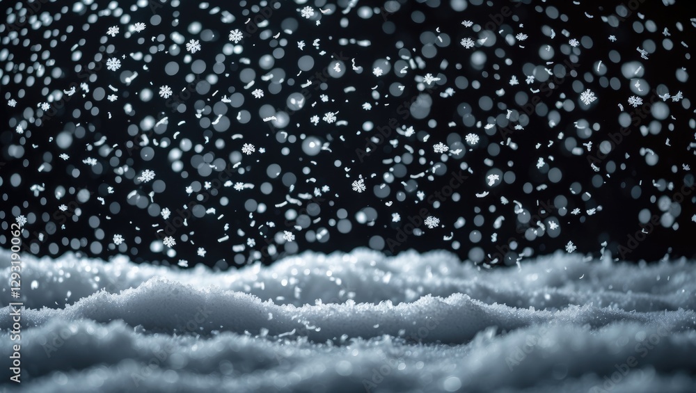 Poster Snowflakes in flight creating a magical winter bokeh effect against a dark background with a soft snow-covered ground in focus.