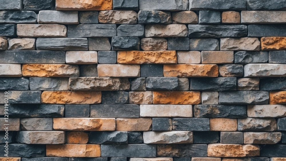 Poster textured stone brick wall with a mix of gray and orange tones creating an abstract and visually appe