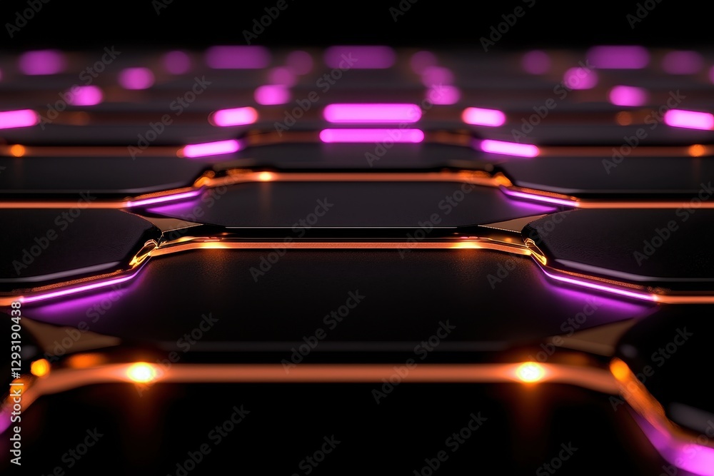 Poster close-up of vibrant hexagonal patterns with glowing neon lights in dark background.