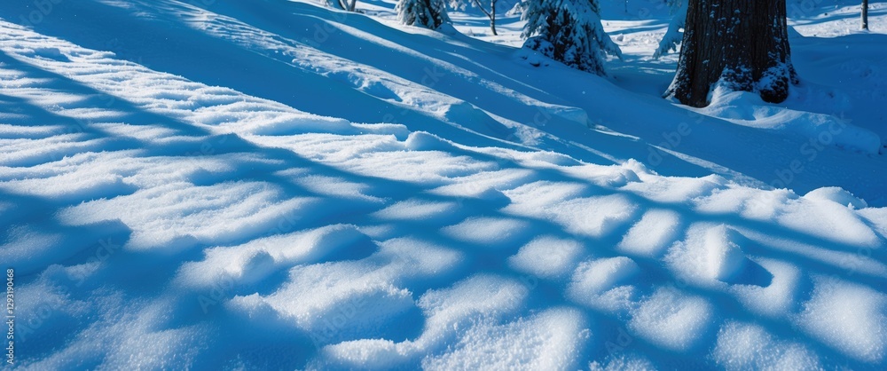 Poster snowy landscape with blue shadows on a sunlit winter day creating a serene background featuring spac