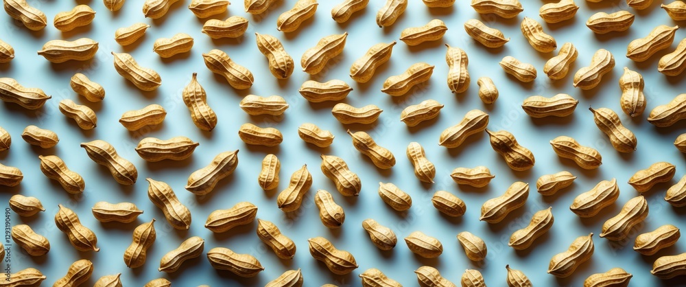 Poster scattered peanuts on a soft blue background creating a vibrant and textured visual, perfect for food