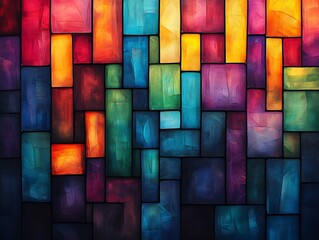 Fototapeta premium Vibrant colorful rectangles abstractly arranged create rich jewel toned mosaic. AI Generated
