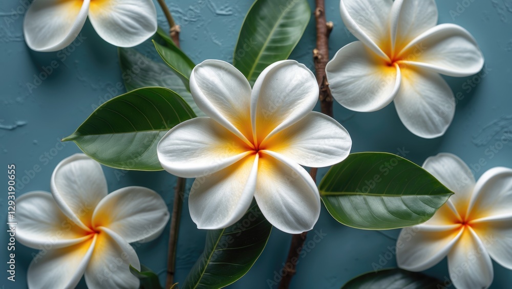 Poster plumeria flowers on a blue background with empty space for custom text and design enhancements