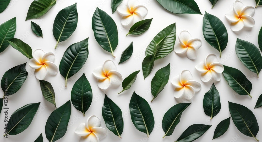 Poster plumeria leaves and flowers arranged on white backdrop creating a serene and elegant floral pattern 