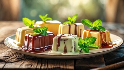 Glazed Ice Cream Bars Topped with Fresh Mint on Rustic Wooden Table in Natural Light