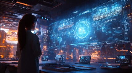 Futuristic Tech Control Room: A Woman Observes Global Data Streams on a Massive Holographic Display