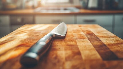 Chef's knife on wooden cutting board, precision in culinary craftsmanship.