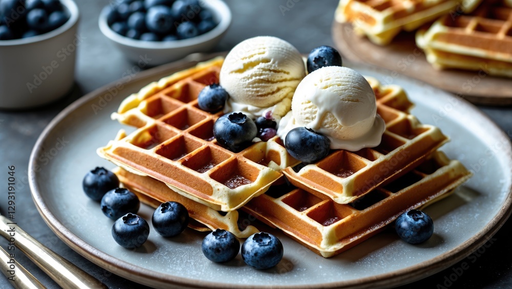 Poster delicious waffles topped with vanilla ice cream and fresh blueberries served on a rustic plate with 