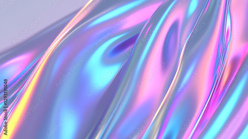 Poster iridescent waves of colorful fabric flowing gracefully with a smooth, shimmering texture in soft lig