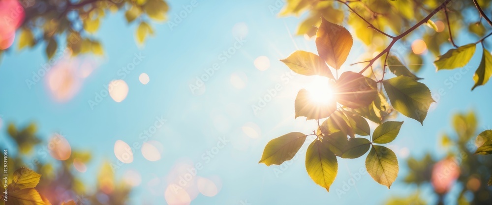 Aufkleber softly blurred sunlight filtering through green leaves creating a dreamy bokeh effect against a brig