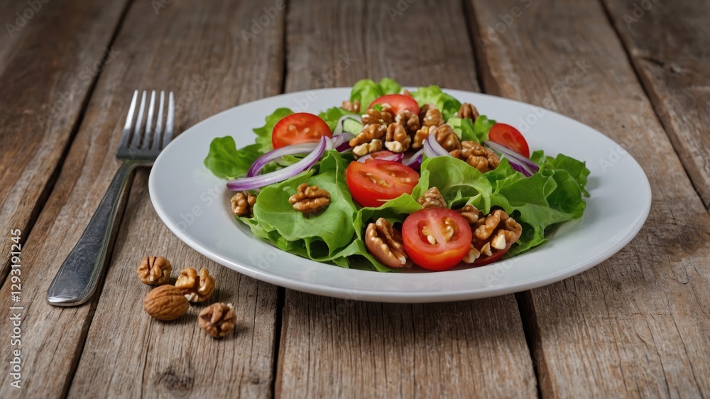 Poster fresh salad with cherry tomatoes and walnuts on white plate with fork on rustic wooden table backgro