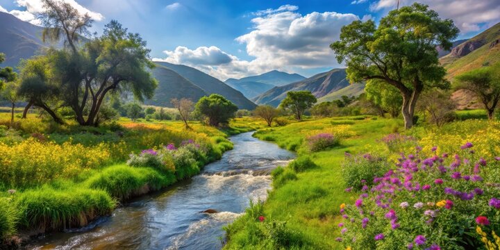 A gentle stream flows through a lush meadow in Chicamocha Canyon during a sunny afternoon, surrounded by towering trees and vibrant wildflowers , sunny, nature