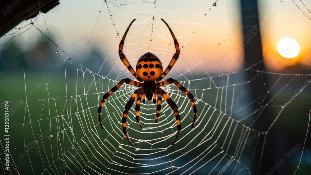 Poster vibrant spider resting on its intricate web illuminated by soft evening light in a serene outdoor se