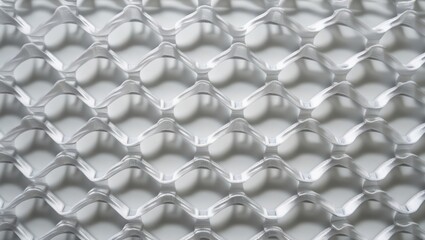 Translucent plastic mesh texture with geometric patterns on a white background for design and architectural applications.